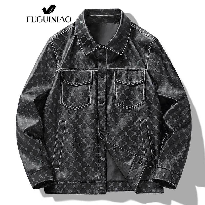 ฟูเกียว รถจักรยานยนต์ชุดเบสบอลผู้ชายฤดูใบไม้ผลิและฤดูใบไม้ร่วงแฟชั่นแบรนด์หลวมเสื้อนักบิน ปู่ เสื้อแจ็คเก็ตหนังผู้ชาย