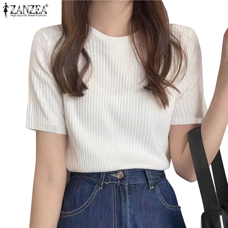 Zanzea เสื ้ อยืดคอกลมแขนสั ้ น O ลายลําลองสําหรับผู ้ หญิงเกาหลี