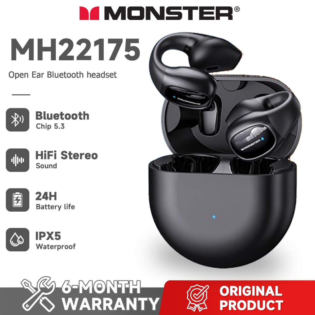 Monster Open Ear 200 หูฟังบลูทูธ IPX5 Waterproof Ear-Clip หูฟังไร้สายแบบสปอร์ต การลดเสียงรบกวน ENC 6D สเตอริโอ Bluetooth 5.3 หูฟัง with Mic