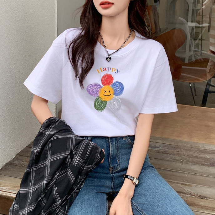 Bella Shop เสื้อยืดแขนสั้น พิมพ์ลายสีสันสดใส 2024 สไตล์ใหม่เรียบง่ายลําลองด้านบนผู้หญิงฤดูร้อน