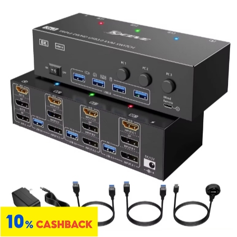 ⭐KCEVE KVM Switch 3 คอมพิวเตอร์ 3 จอภาพ HDMI + DisplayPort USB 3.0 KVM Switcher 8K@30Hz/4k@144Hz Tri