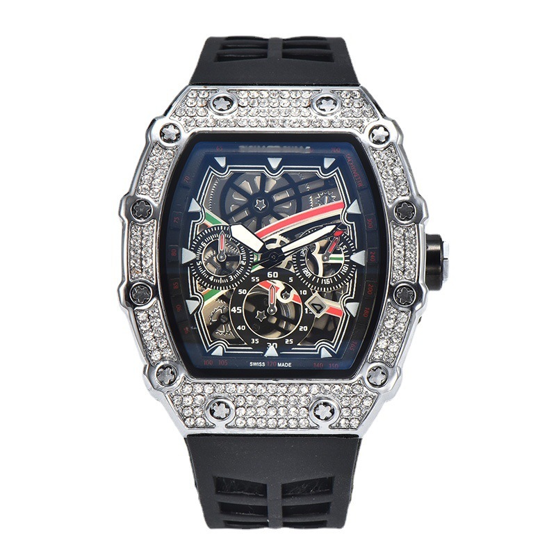 นาฬิกาควอทซ์ผู้ชายมีสไตล์พร้อมเคส Diamond-Encrusted และ Skeleton Dial บนสายยางสีดํา