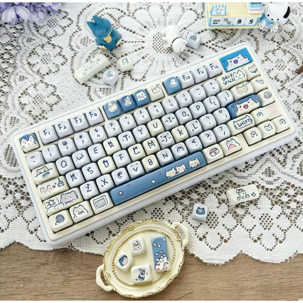 114 คีย์ บลู Meow Meow Keycaps MOA ความสูง PBT วัสดุ ระเหิดความร้อน Keycap แป้นพิมพ์เครื่องกล บุคลิกภาพ ระดับพรีเมี่ยม ความคิดสร้างสรรค์ keycaps พอดีกับ 61/68/75/84/87/96/98/104/108