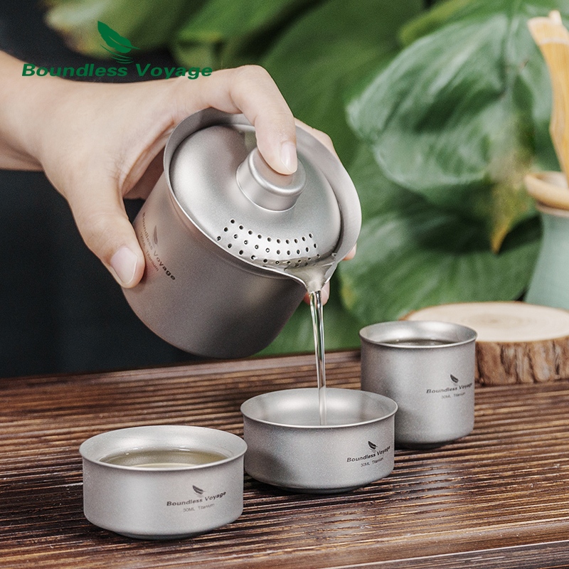 Boundless Voyage ชุดถ้วยชาไทเทเนียม สองชั้น 125 มล. 30 มล. แบบพกพา น้ําหนักเบา สําหรับตั้งแคมป์ กลาง