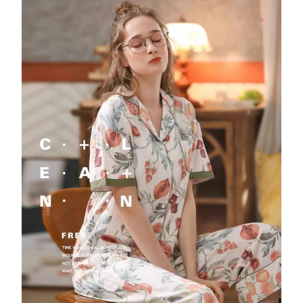 ฤดูร้อนพิมพ์ผ้าไหมน้ําแข็งเป็นมิตรกับผิวระบายอากาศชุดนอนผู้หญิงสไตล์ใหม่ดอกไม้ทับทิมแขนสั้นลําลองหลวม ชุดบ้าน - รูปที่ 3