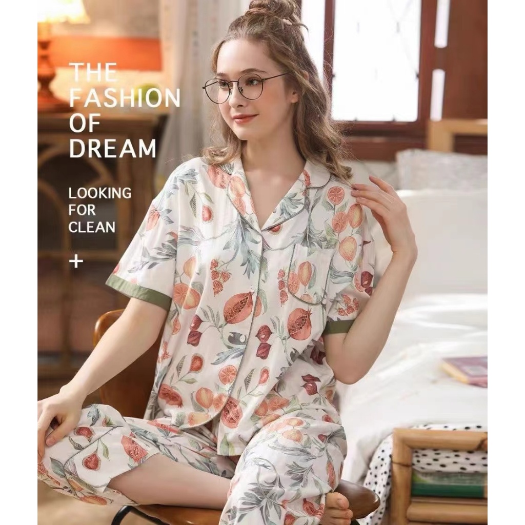 ฤดูร้อนพิมพ์ผ้าไหมน้ําแข็งเป็นมิตรกับผิวระบายอากาศชุดนอนผู้หญิงสไตล์ใหม่ดอกไม้ทับทิมแขนสั้นลําลองหลวม ชุดบ้าน - รูปที่ 4