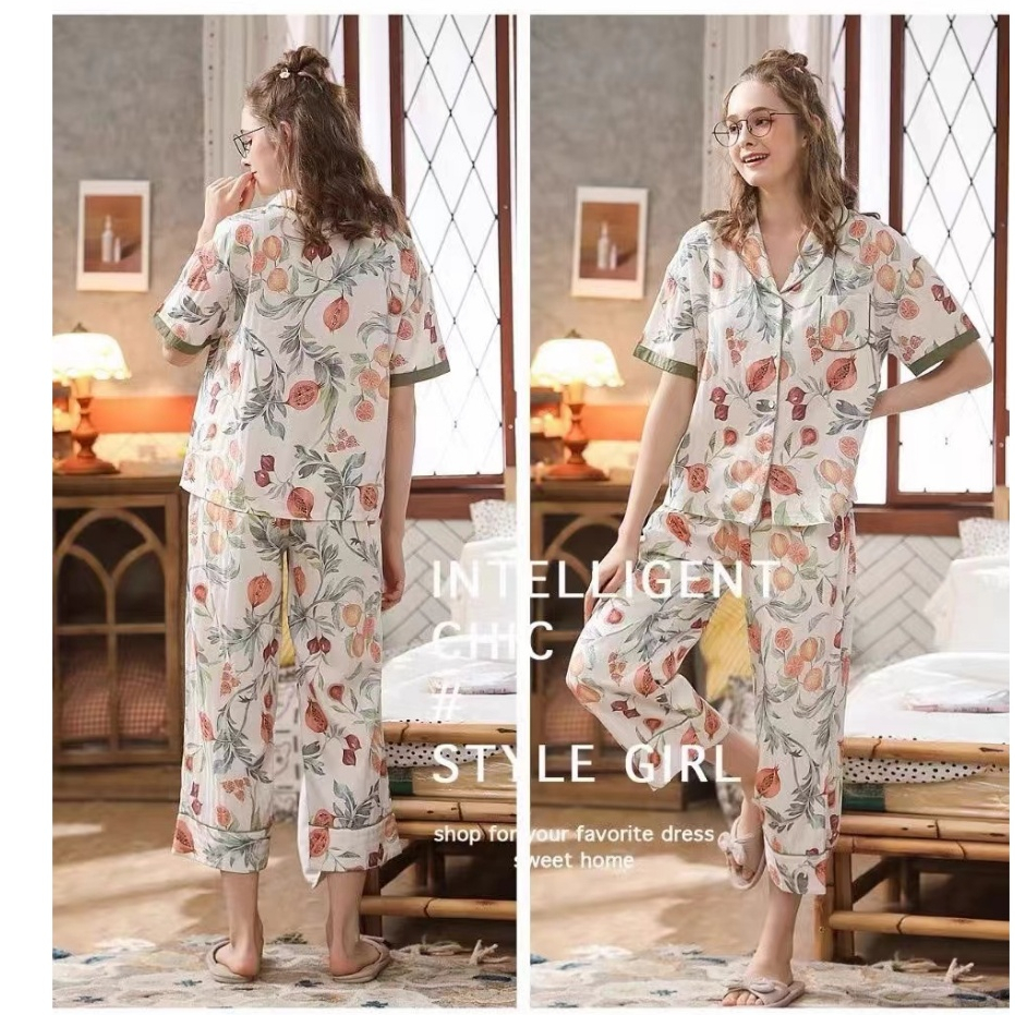 ฤดูร้อนพิมพ์ผ้าไหมน้ําแข็งเป็นมิตรกับผิวระบายอากาศชุดนอนผู้หญิงสไตล์ใหม่ดอกไม้ทับทิมแขนสั้นลําลองหลวม ชุดบ้าน - รูปที่ 6