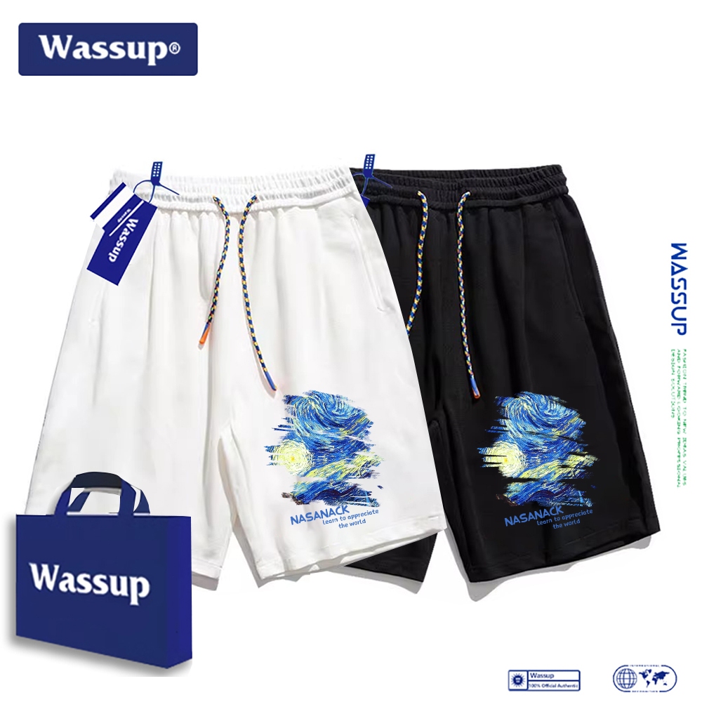 Wassup กางเกงขาสั้นผ้าฝ้าย 100% ลายพิมพ์สไตล์ภาพเขียนสี น้ำหนักเบา สำหรับชายหาด