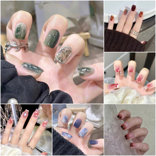 【COD 】ชุดเล็บปลอม พร้อมกาว กันน้ํา ถอดออกได้ สําหรับตกแต่งเล็บ 24 ชิ้น