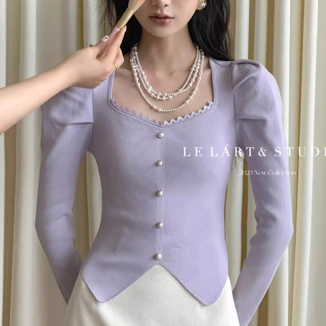 เสื้อถักคอเหลี่ยมแขนพองสำหรับผู้หญิงฤดูใบไม้ร่วงและฤดูหนาวแบบใหม่ดูผอมเพรียว