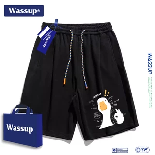 Wassup กางเกงขาสั้นหลวมแบบแบรนด์ร่วม กางเกงขาสั้นสำหรับชายหาด สำหรับทุกเพศ รุ่นใหม่