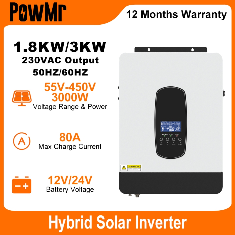 PowMr MPPT 1.8KW 3KW Hybrid Solar Inverter ในตัว 80A Solar Charge Controller 50/60Hz Auto 230Vac Pure Sine Wave อินเวอร์เตอร์สามารถ DIY ออกแบบรองรับเชื่อมต่อแบตเตอรี่ลิเธียม