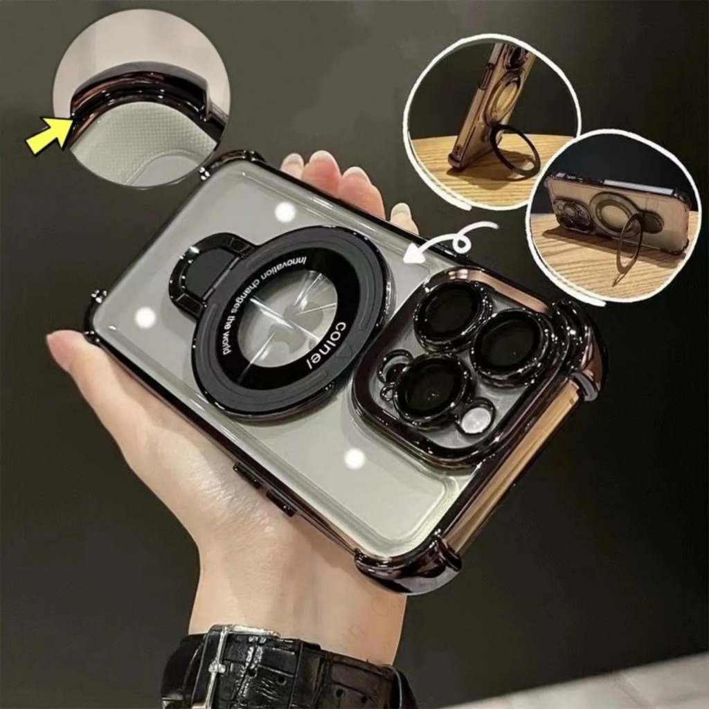หรูหราแหวนยึดแม่เหล็กชุบเคสโทรศัพท์สําหรับ ไอโฟน 15 14 13 12 11 มือโปร สูงสุด 15 บวก ขาตั้งโปร่งใสถุงลมนิรภัยกันกระแทกอะคริลิซิลิโคนฝา