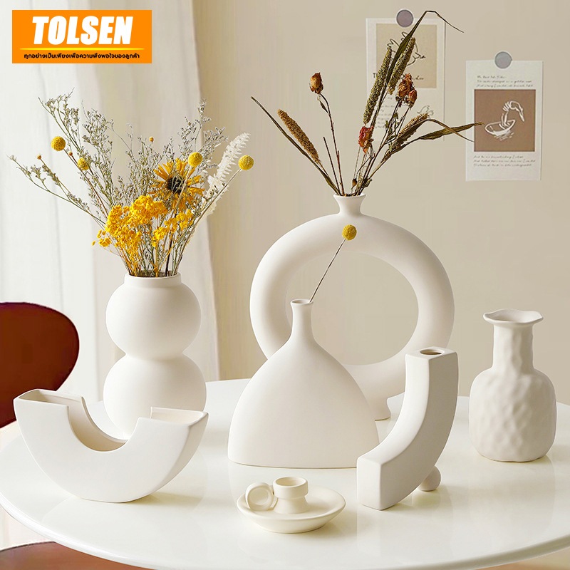 Tolsen แจกันสพลาสติกไตล์นอร์ดิก สีขาว มินิมอล artistry ตกไม่แตก ของแต่งบ้าน