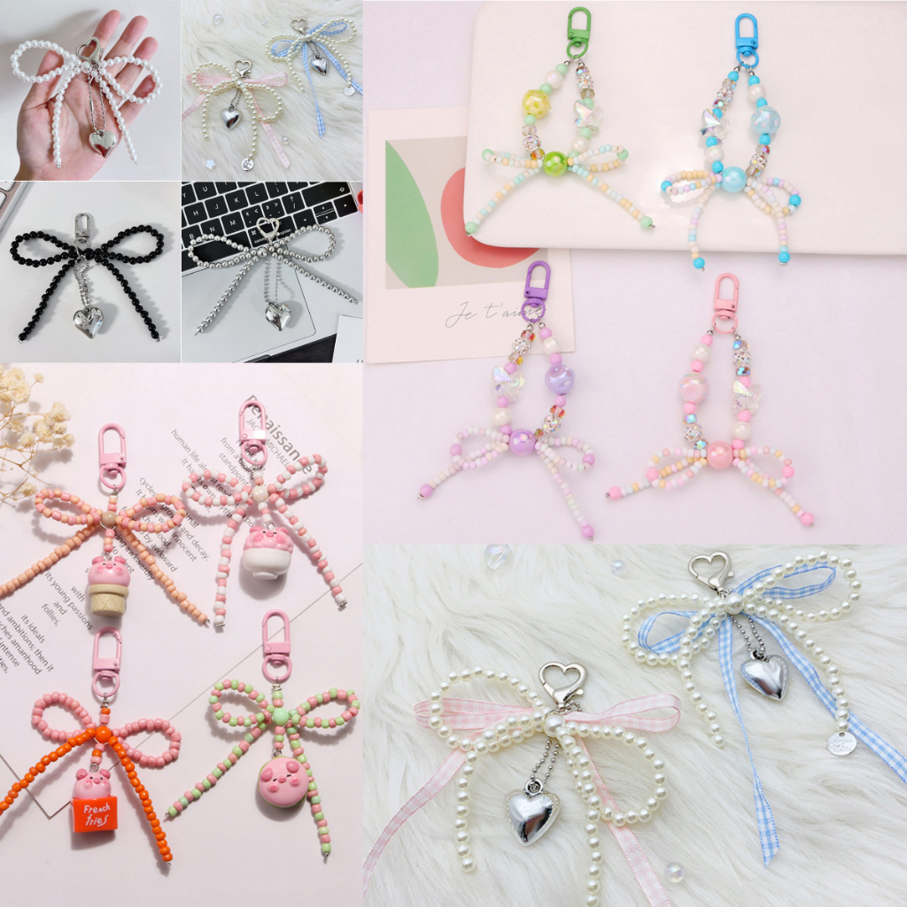 Ailigap bowknot พวงกุญแจ Key Fob กระเป๋าแขวน Trinket พวงกุญแจจี้ Pearl Heart Girls DIY หวาน INS