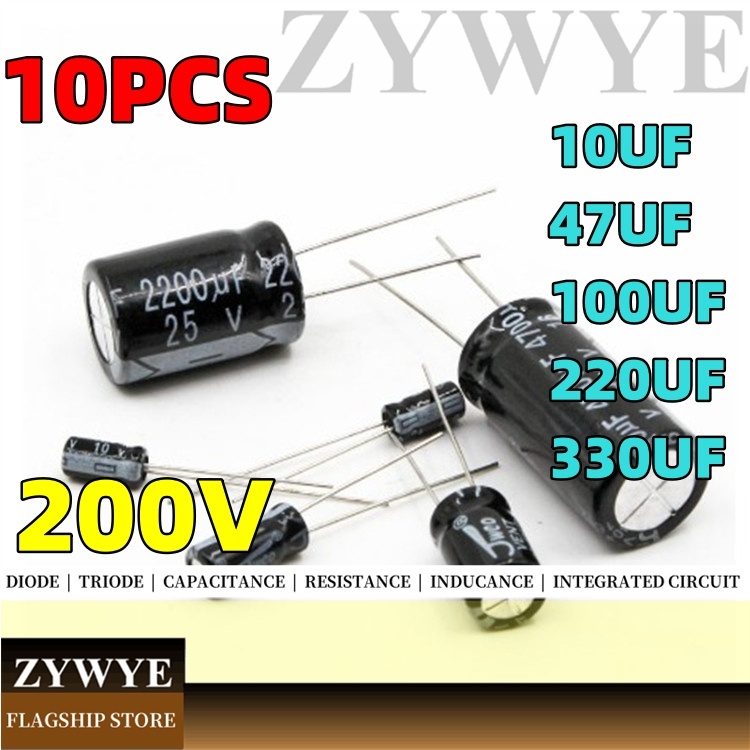 10pcs 200V 10UF Capacitor 1,000UF 47UF 100UF 220UF 330UF In-Line อลูมิเนียม Electrolytic Capacitor 4
