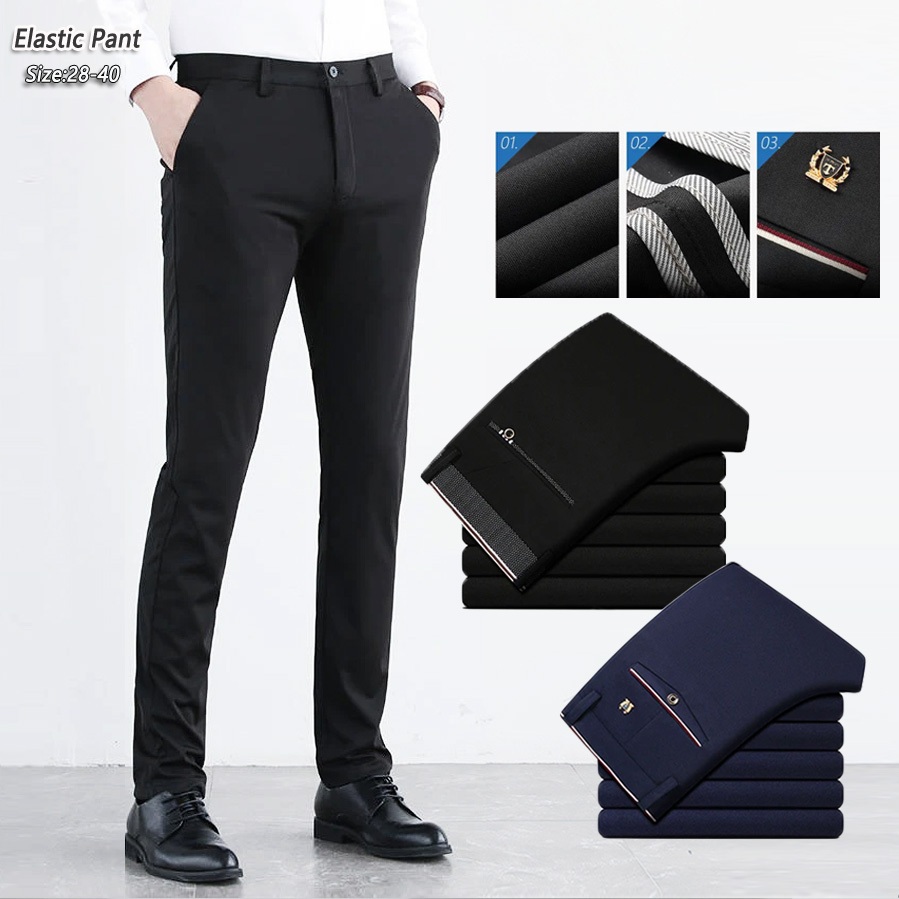 【Local Delivery】กางเกงสูทผู ้ ชายสํานักงานบางสลิมฟิตสีดํากางเกงขายาวผ ้ าไนลอนยืดหยุ ่ นธุรกิจเกาหลี