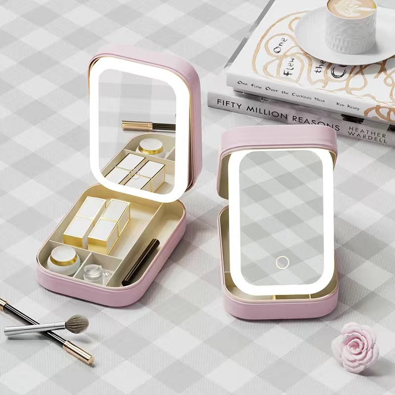 พร้อมส่ง กระจกแต่งหน้า มีไฟ LED แบบพกพา กระเป๋าเครื่องสําอาง ง่ายต่อการพกพา makeup bag