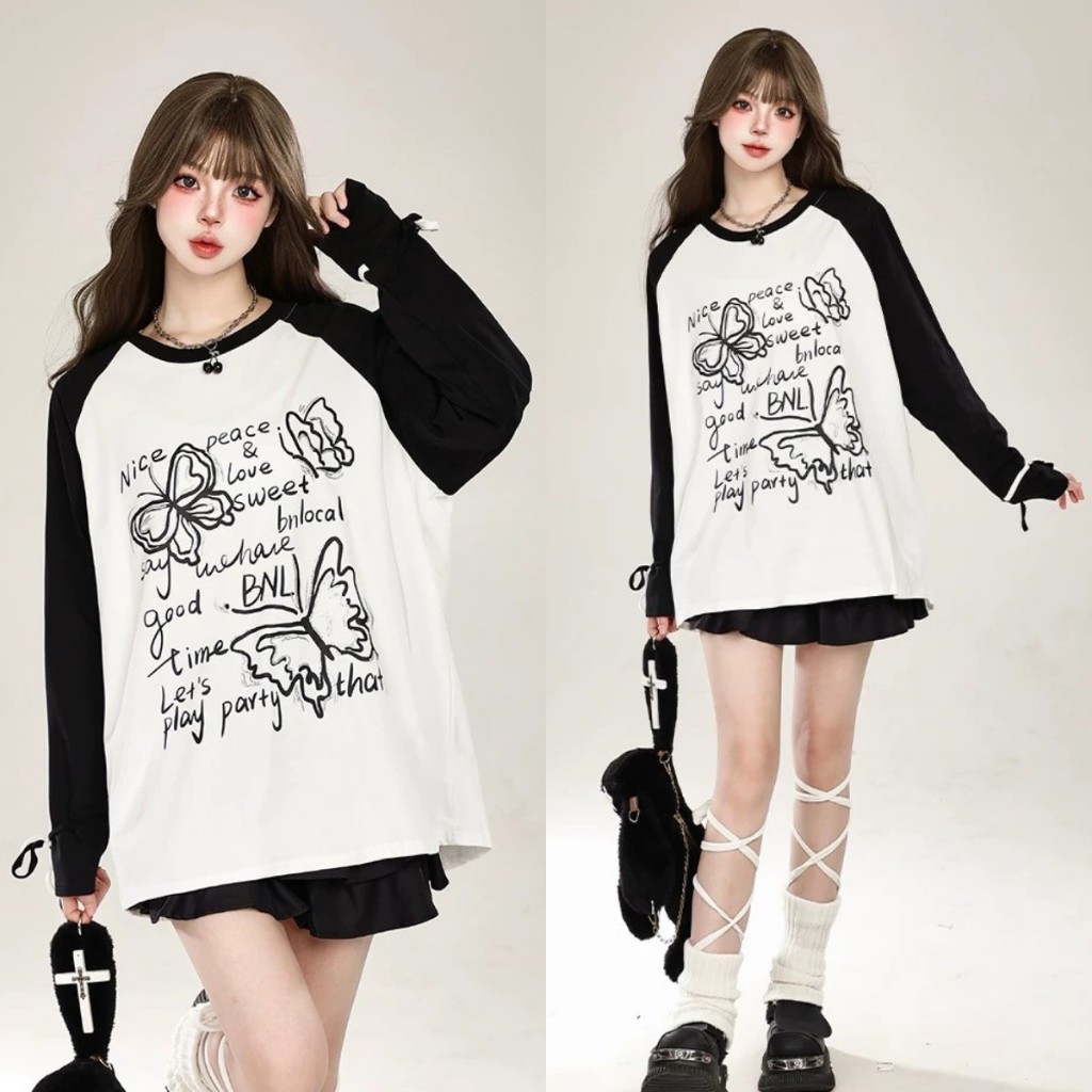 เสื้อยืดผู้หญิง เสื้อยืดแขนยาวทรงหลวม ขนาดใหญ่เกินไป สไตล์เกาหลี เสื้อจับคู่สี ชุดสตรีทสําหรับผู้หญิง เทรนด์ฮอต 2024