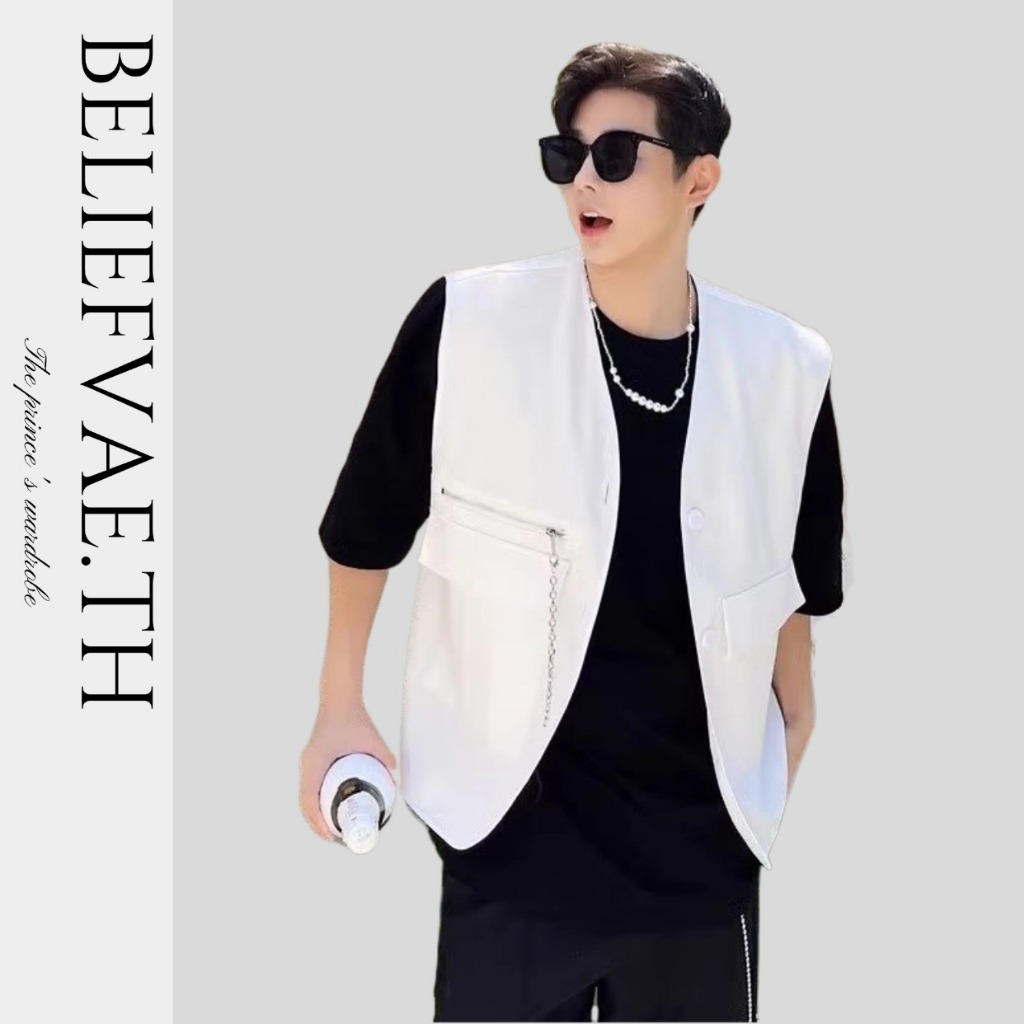 เสื้อกั๊ก เสื้อกั๊กลําลอง ขนาดเล็ก สีขาว มีกระเป๋า สไตล์เกาหลี เรโทร สําหรับผู้ชาย และผู้หญิง เสื้อค