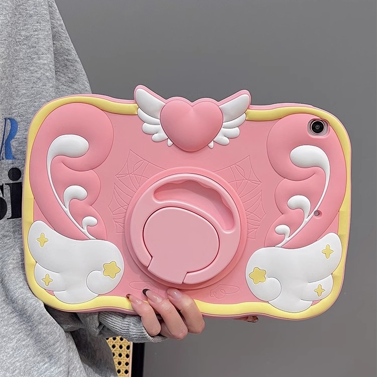 360° หมุนได้มือถือขาตั้ง Heart Wingน่ารักซิลิโคนเคสแท็บเล็ตสําหรับiPad Mini 6 5 9.7 5th 6th Air 3 4 5 iPad 10.2 7 8 9 10th Gen iPad Pro 11 นิ้วiPadปลอกสีชมพูฝาครอบ
