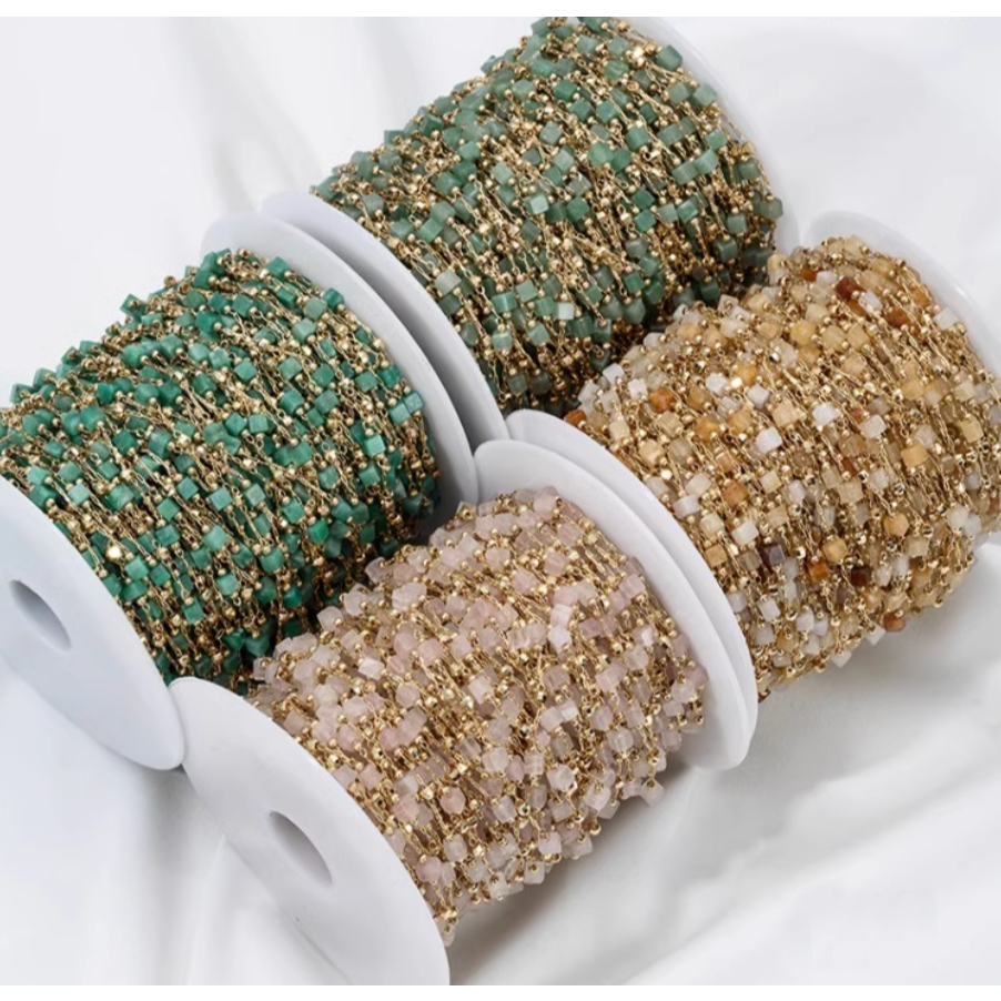 50 ซม. 14K Gold-Plated โซ่สี่เหลี่ยมเล็กคริสตัลธรรมชาติสตรอเบอร์รี่แยกลูกปัด DIY โซ่หลวม