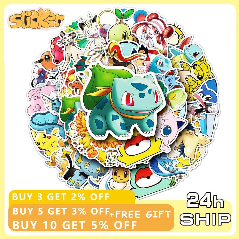 50 ชิ้น Pokemon สติกเกอร์ DIY สเก็ตบอร์ดจักรยานกีตาร์แล็ปท็อปเด็กกันน้ํา Pikachu Stiker