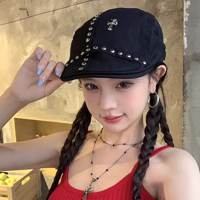 Willow Nail Cross Forward Hat Female Summer American Retro Beret Peaked Cap Show Face Neap อินเทรนด์