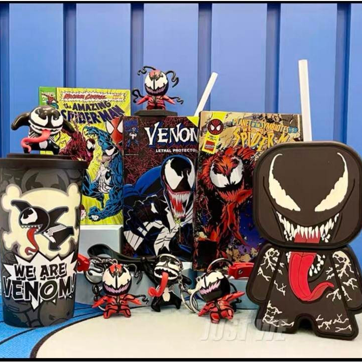 Marvel Venom: ขวดน้ํา Let There Be Carnage Studio, ขวดหนังสือการ์ตูน Venom, ถังป๊อปคอร์น, ขวดฟาง Car