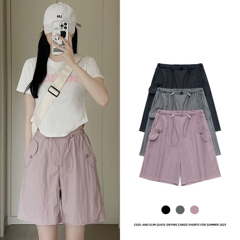 Hermarou S-4XL ผู้หญิง กางเกงขาสั้น กางเกงคาร์โก้ สีพื้น เอวยางยืด ลำลอง กางเกง ผ้าบาง