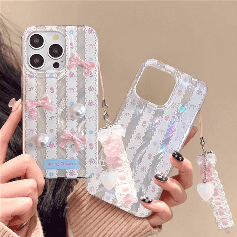 เคส OPPO A93 F11 A3 Pro A60 A38 A18 A55 A79 A78 A98 A96 A58 A73 2020 A76 A52 A92 A72 A57 2022 4G A53S A56 A16E A16 A16K A17 A17K F23 A54 A74 A95 Realme 9i Reno 6 Lite Girly Korean Pearl Bowknot Chain Phone Case Shockproof IMD Hard Back Cover YS 32