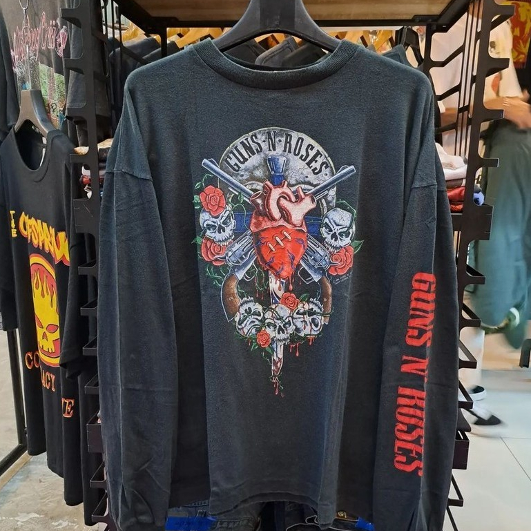 ((ผ้าฝ้าย 100%) Gun Flower Guns N Roses Gun and Roses American Retro vintage เสื้อยืดแขนยาว