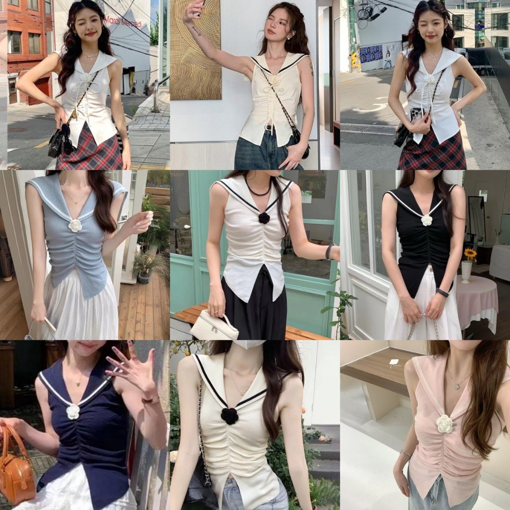 【ICHEN 】เสื้อกล้ามไหมพรม ดีเทลติดดอกไม้ คอวี รัดรูปกำลังดี เซ็กซี่เวอร์ YU