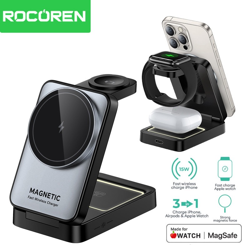 Rocoren 3in1 Magnetic Wireless Charger Stand 15W พับ Led Fast Wireless Charger สําหรับ IP XR-15 นาฬิกาหูฟัง