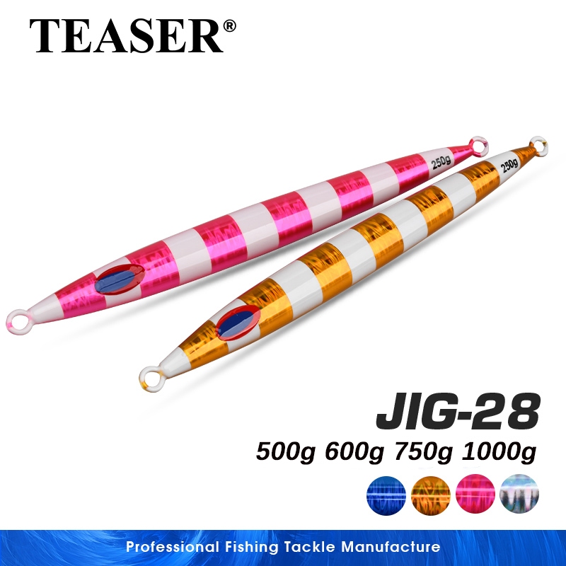 TEASER【J28】 500g 600g 750g 1000g Fast Fall Jigging Lures โลหะ Jigs เรือน้ําเค็มตกปลา Lure Sinking Bass เหยื่อตกปลา Tackle พร้อมตะขอคู่