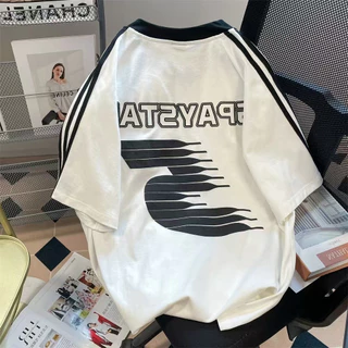 Proman-ฤดูร้อน สไตล์อเมริกัน ยอดนิยม ลายทาง คอวี เสื้อยืด ชาย 2024 รุ่นใหม่ กีฬา แบบหลวม แขนสั้น