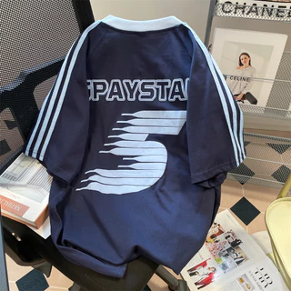 Proman-ฤดูร้อน สไตล์อเมริกัน ยอดนิยม ลายทาง คอวี เสื้อยืด ชาย 2024 รุ่นใหม่ กีฬา แบบหลวม แขนสั้น