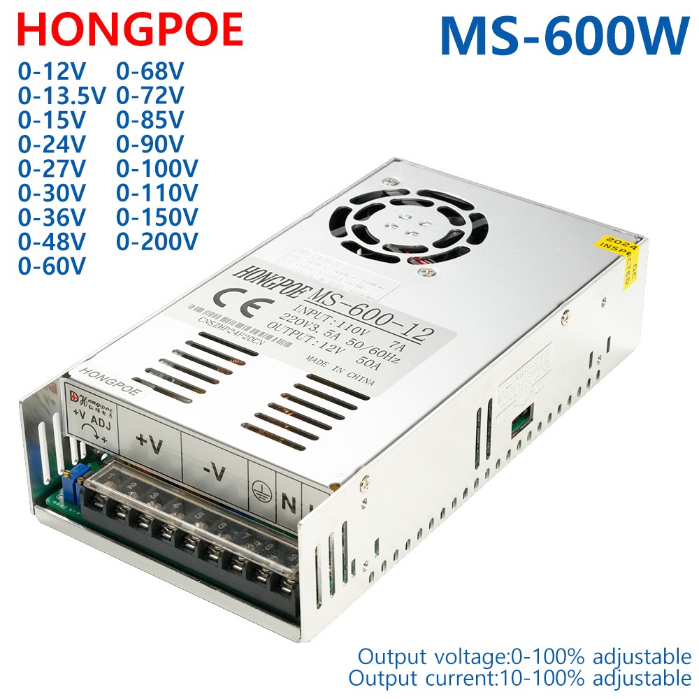 600w Switching Power Supply 0-12V 13.5V 15V 24V 27V 30V 36V 48V 60V 72V 110V 150V 200V AC/DC แรงดันไฟฟ้าปรับอุตสาหกรรม SMPS