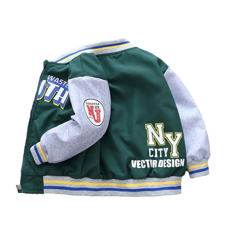แฟชั่นเสื้อแจ็คเก็ตเด็กชายฤดูใบไม้ร่วงที่มีการออกแบบสองสีและพิมพ์ตัวอักษร