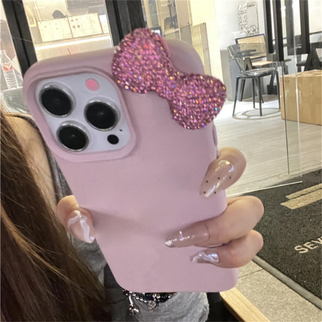 หรูหรา Rhinestone Bow Litchi รูปแบบหนังเคสโทรศัพท์สําหรับ iPhone 15 14 13 12 11 Pro Max น่ารัก Bowknot กันกระแทกกรณีนุ่ม