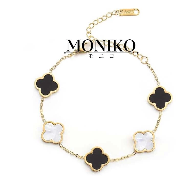 MONIKO การออกแบบดั้งเดิม สร้อยข้อมือโคลเวอร์สี่แฉกหอยมุก 18K สร้อยข้อมือนำโชค เหมาะสำหรับให้เป็นของขวัญ