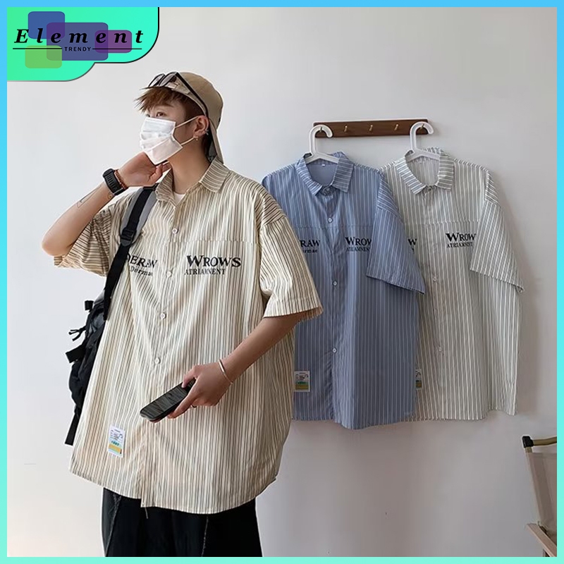 (THสปอต )เสื้อเชิ้ตแขนสั้นลายทางผู้ชาย American Street Wear Shirt All-Match เสื้อแจ็คเก็ตลําลองอินเทรนด์