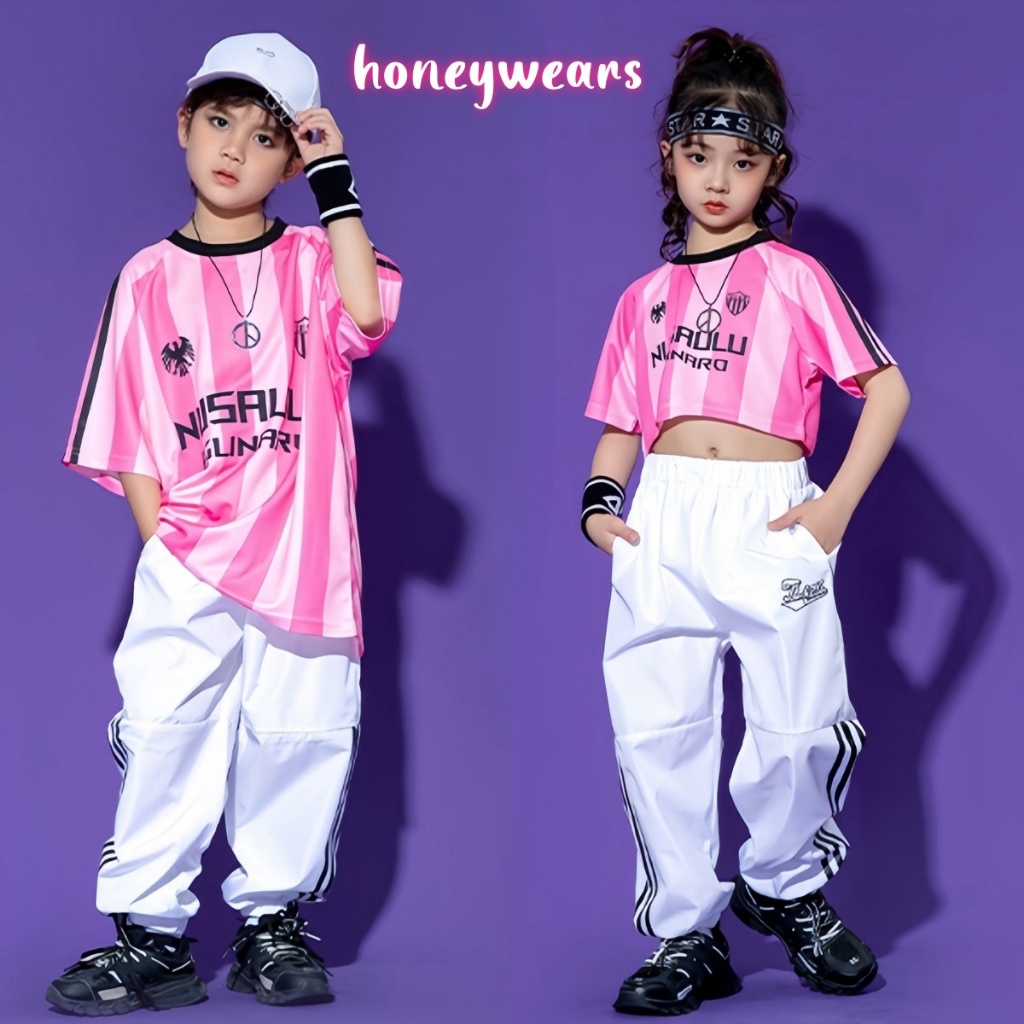 honeywears⚡️พร้อมส่ง⚡️เสื้อผ้าแขนสั้นเด็ก ลําลอง แฟชั่น เต้นรำ ฮิปฮอป สีสดใส ฤดูร้อน ไซส์ 110-150