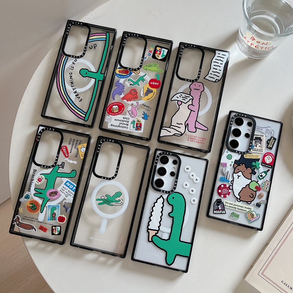 น่ารัก ไดโนเสาร์ตัวน้อยสีเขียว Magnetic attraction การชาร์จแบบไร้สาย CaseTify เคส Samsung Galaxy S24 Ultra S23 Ultra S24 + S22 Ultra Case ใหม่ คุณภาพสูง อะคริลิก ป้องกันการตก TPU MagSaf เคสโทรศัพท์มือถือซัมซุง