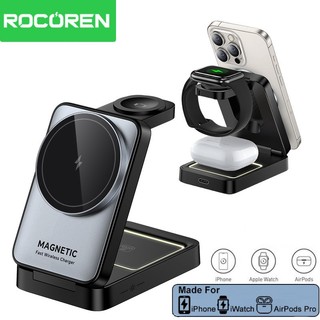 Rocoren แท่นชาร์จไร้สายแบบแม่เหล็กพับได้ 3 In 1 สําหรับ iP15, 14, 13, 12 Pro/Max/Plus, นาฬิกา Air Pods