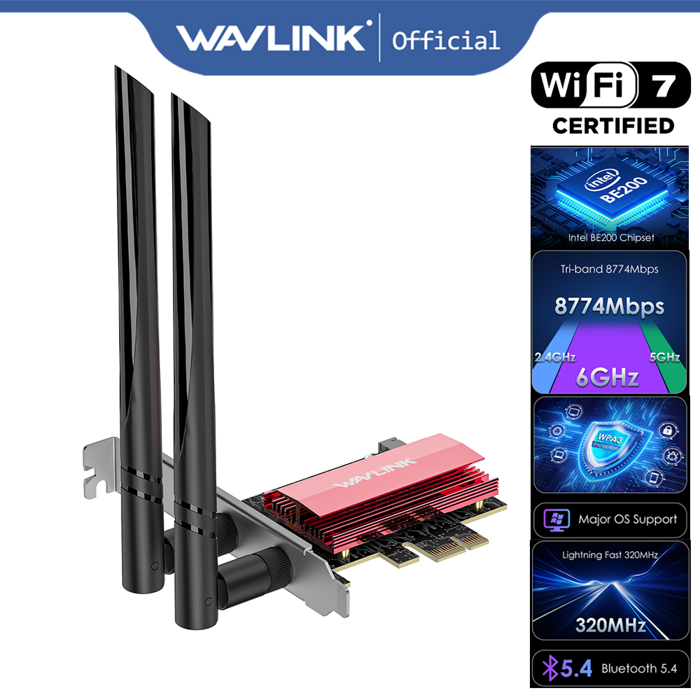Wavlink 2024 ใหม่ BE8800 WiFi 7 PCIe การ์ดเครือข่าย, Tri-Band BE200 อะแดปเตอร์ไร้สายพร้อม Bluetooth 