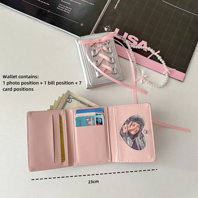Pink Bow Tie-Up Wallet Women Short Coin Purse Snap-On Folding PU Card Holder Snap-On