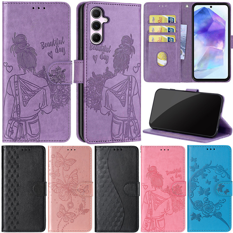 SAMSUNG หรูหราสําหรับsamsung Galaxy A55 5G A35 A15 A14 A24 A25 5G A34 A54 A33 A53 5G A14 4Gผีเสื้อRoseสาวกระเป๋าสตางค์ช่องใส่การ์ดหนังนุ่มพลิกผิวป้องกันขาตั้งฝาครอบกรณี
