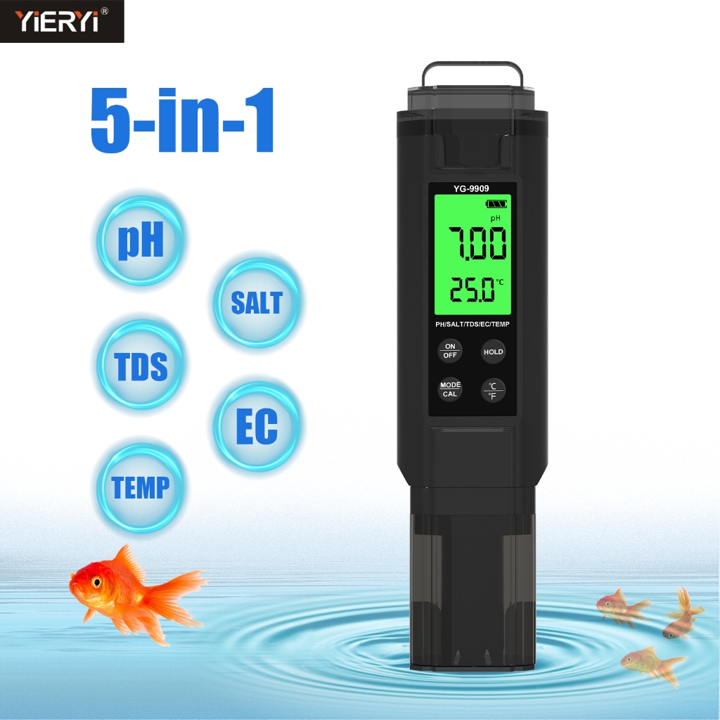 Yieryi เครื่องตรวจจับคุณภาพน้ําแบบพกพา 5-in-1 ตู้ปลา pH meter TDS ปากกาทดสอบค่า EC การวัดเกลือและอุณหภูมิ