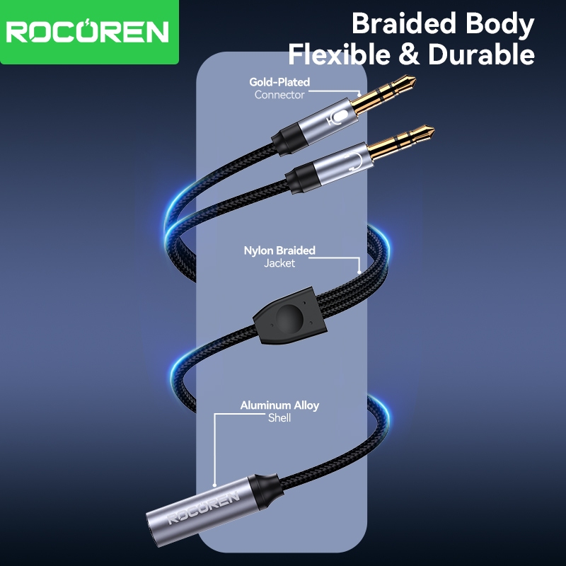 Rcoren สายสัญญาณเสียงไฮไฟ 3.5 มม. 2 IN 1 ชาย 2 พอร์ตหญิง Aux อะแดปเตอร์สายไมค์เสียง Y Splitter ลวดผ้าถักแจ็คเก็ตชุดหูฟังสําหรับ PC